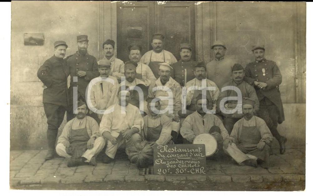 Fotografia d epoca originale 1915 WW1 FRANCE Cuistots 20e 30e COMPAGNIE HORS RANG Restaurant du courant d air 1