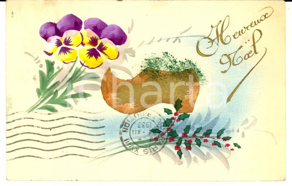 Cartolina originale da collezione 1933 FRANCE Cartolina postale JOYEUX NOEL con zoccolo DIPINTA A MANO 1