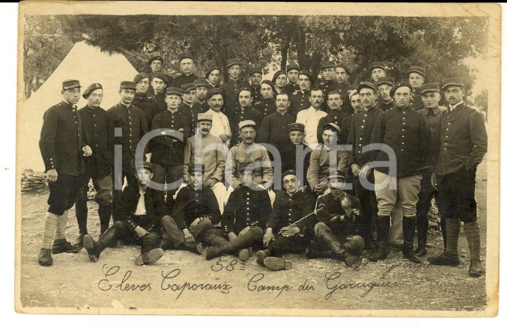 Fotografia d epoca originale 1915 ca. GARRIGUES France  58e Régiment Élèves caporaux au camp Photo sérielle 1