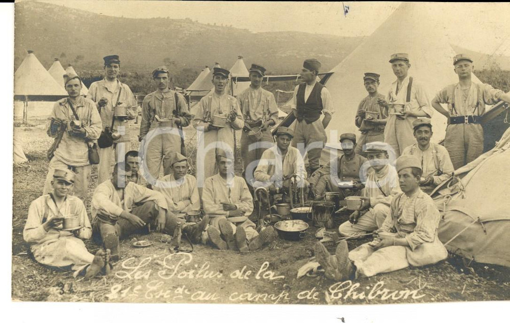 Fotografia d epoca originale 1915 ca. CAMP DE CHIBRON France Élèves  21e compagnie au camp Photo sérielle 1