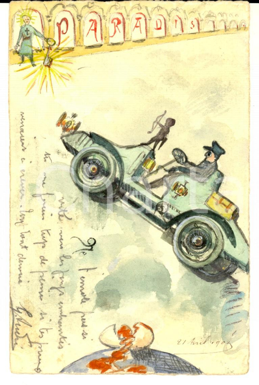 Cartolina originale da collezione 1903 BAUGE FRANCE Auto verso il paradiso Cartolina DIPINTA A MANO G. ANDRE 1