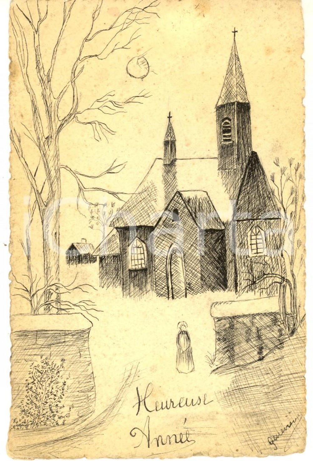 Cartolina originale da collezione 1910 ca FRANCIA Cartolina HEUREUSE ANNEE con chiesa Disegnata a china FP 1