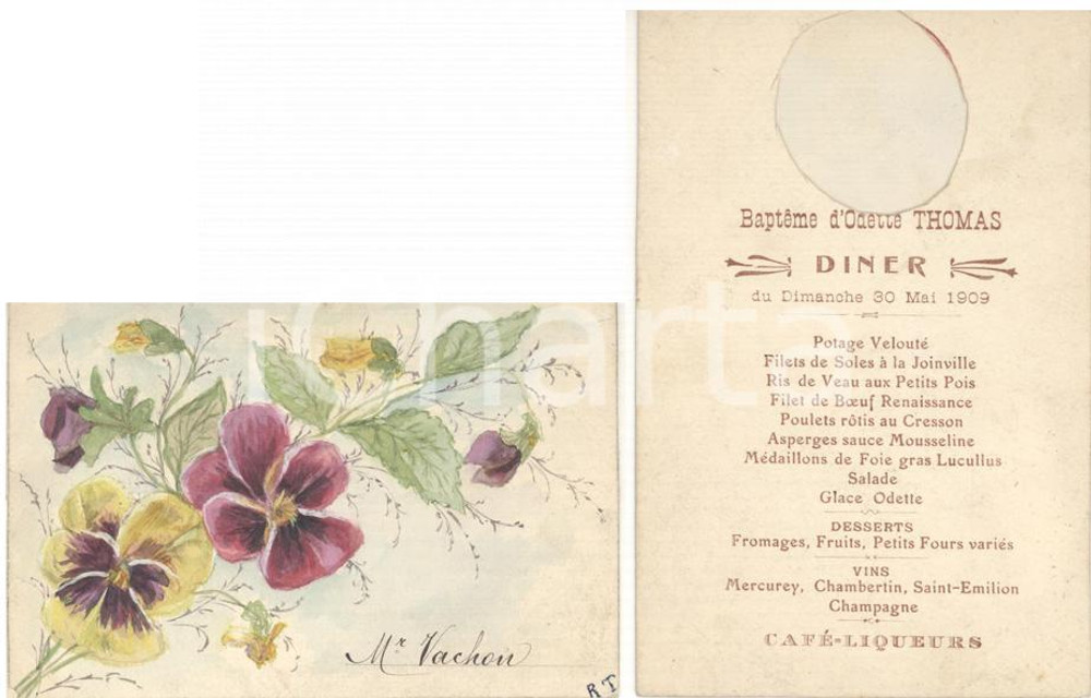 Oggetto da collezione cartaceo 1909 FRANCE Menu dÃ®ner baptÃªme  Odette THOMAS Carte peinte Ã  al main 1