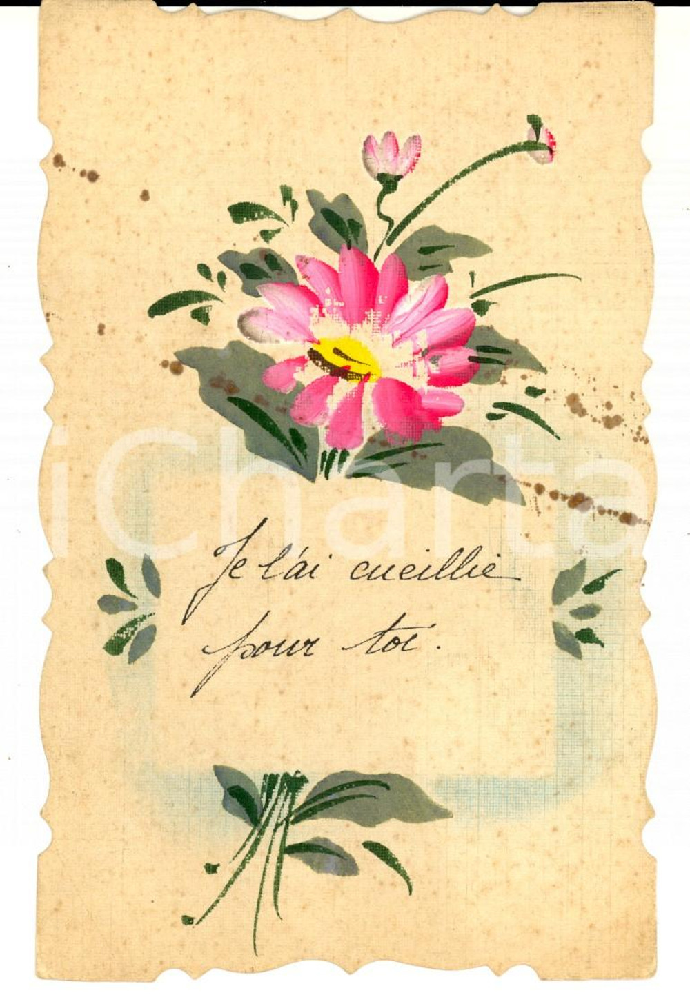 Cartolina originale da collezione 1920 ca FRANCIA Cartolina augurale con fiore rosa DIPINTA A MANO 1