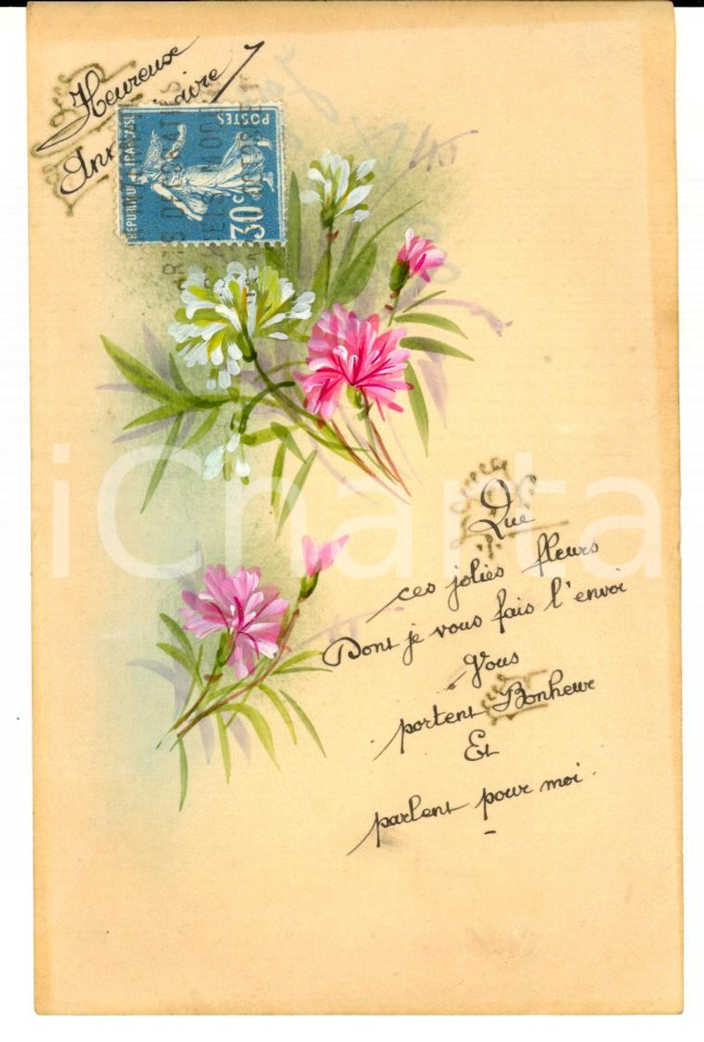 Cartolina originale da collezione 1915 ca FRANCIA Biglietto augurale con fiori DIPINTO A MANO su velina 1