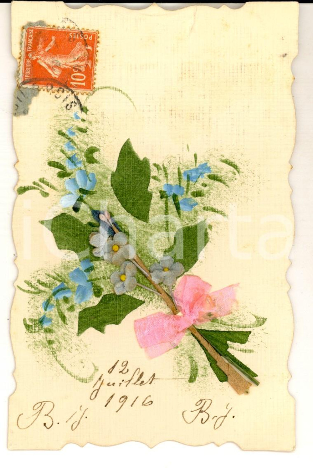 1916 FRANCE Cartolina augurale con fiori A RILIEVO famiglia BAUDRAND