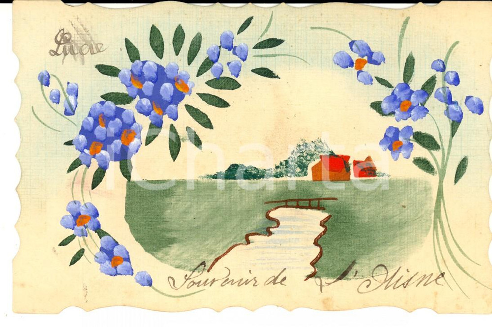 Cartolina originale da collezione 1927 Ricordo dell AISNE PICCARDIA Cartolina postale DIPINTA A MANO 1