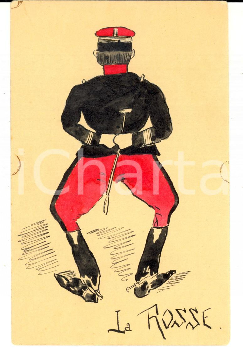 Cartolina originale da collezione 1920 ca FRANCE Ufficiale in divisa rossa Biglietto DIPINTO A MANO SATIRICO 1