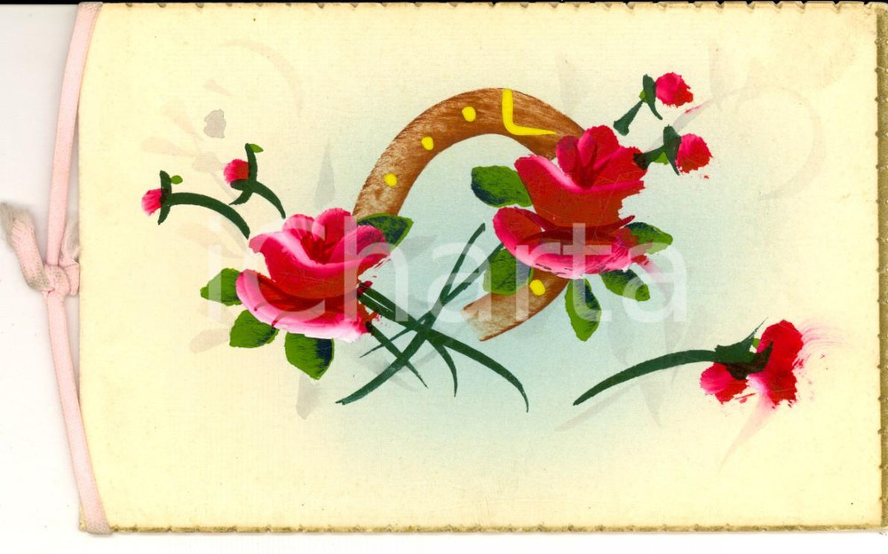 Cartolina originale da collezione 1920 ca FRANCE Biglietto augurale con rose e ferro di cavallo DIPINTO A MANO 1