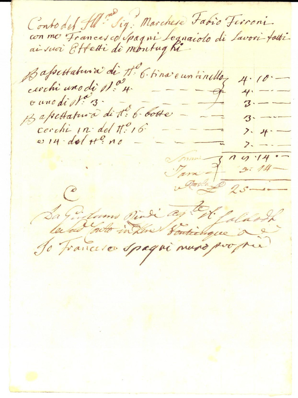Documento originale, autentico 1814 FIRENZE MONTUGHI Conto legnaiolo Francesco SPAGNI per marchese Fabio FERONI 1