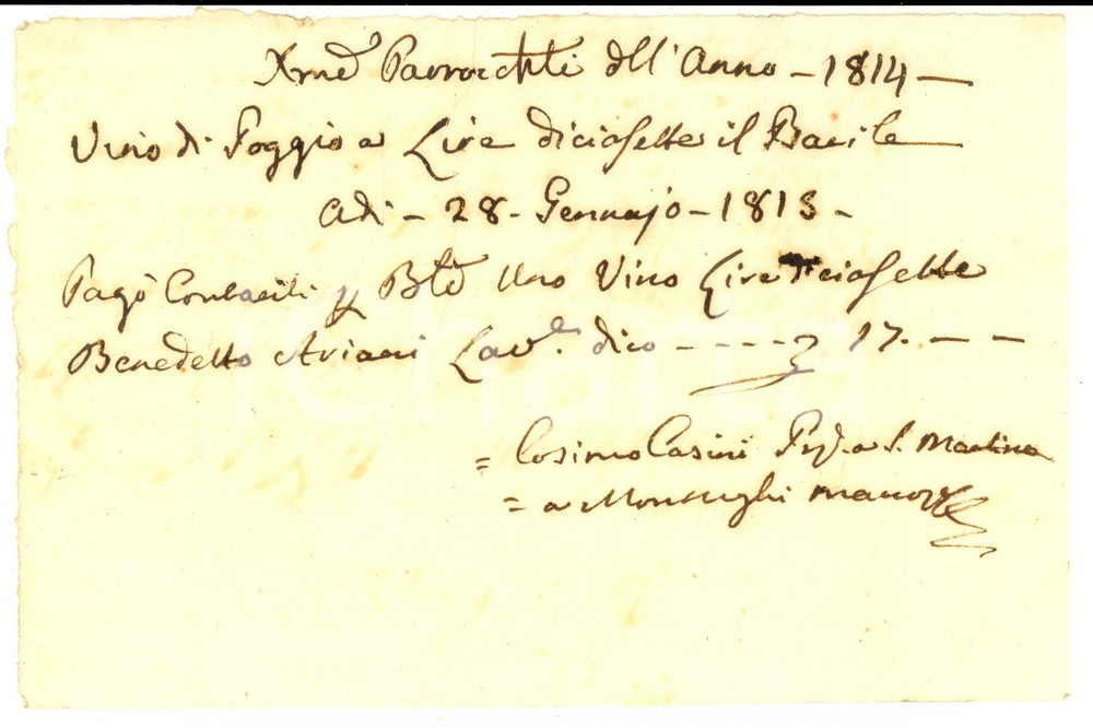 Documento originale, autentico 1814 FIRENZE SAN MARTINO A MONTUGHI Vino per la decima don Cosimo CASINI 1