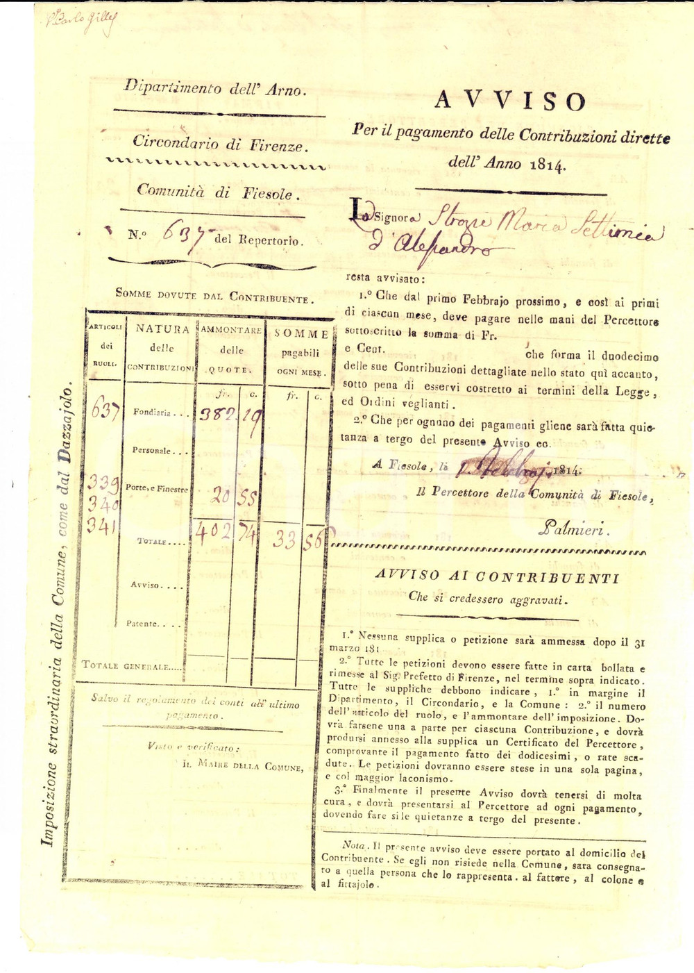 Documento originale, autentico 1814 FIESOLE Dipartimento dell ARNO Avviso di pagamento a Maria Settimia STROZZI 1