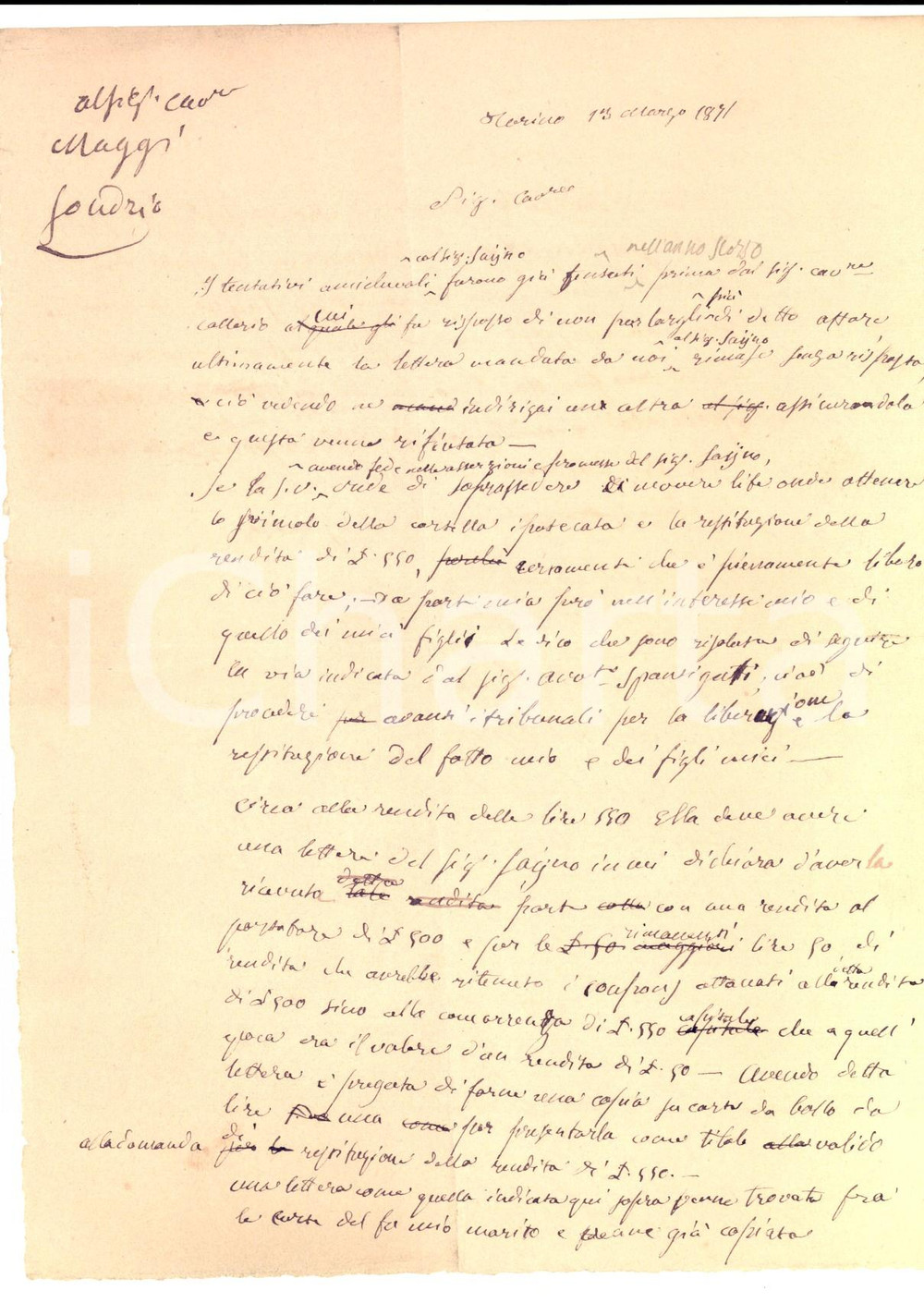 Manoscritto, lettera originale 1871 TORINO Vedova GALIMBERTI in tribunale contro gli ex soci del marito 1
