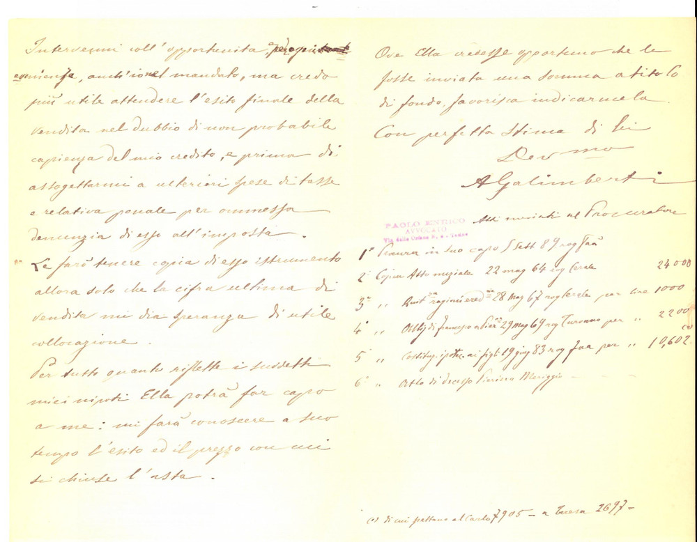 Manoscritto, lettera originale 1889 TORINO Alfredo GALIMBERTI recupera crediti dalla famiglia MERIGGI Lettera 1