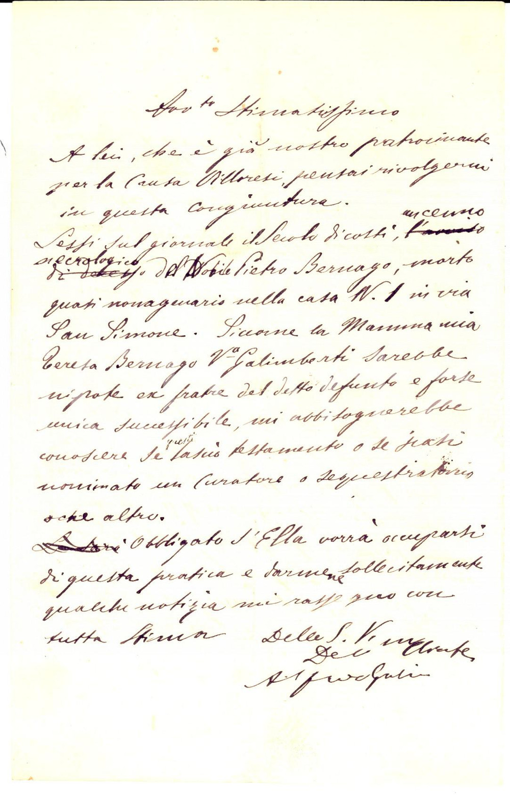 Manoscritto, lettera originale 1880 ca TORINO Alfredo GALIMBERTI cerca ereditÃ  del nobile Pietro BERNAGO 1