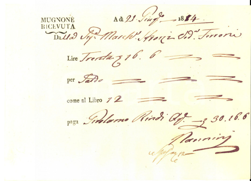Documento originale, autentico 1814 FIESOLE MUGNONE Ricevuta marchesa Settimia STROZZI vedova FERRONI 1