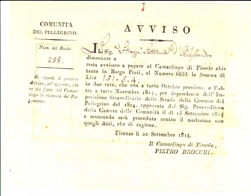 Documento originale, autentico 1814 PELLEGRINO Dipartimento dell ARNO Avviso di pagamento Settimia STROZZI 1 1