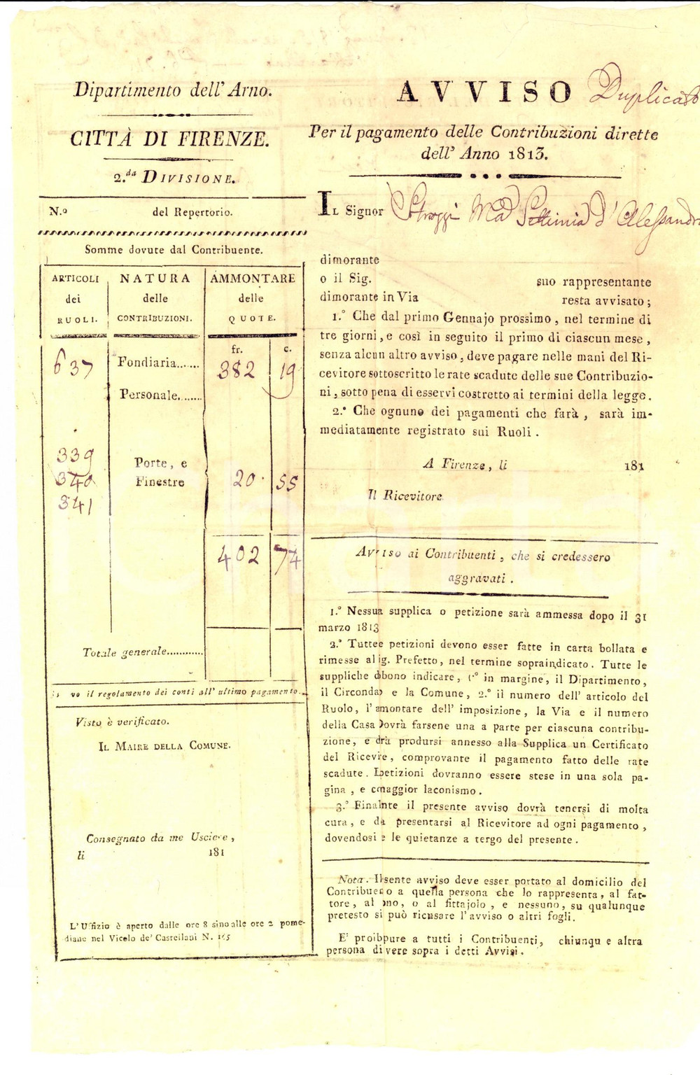 Documento originale, autentico 1813 FIESOLE Dipartimento dell ARNO Avviso di pagamento a Maria Settimia STROZZI 1