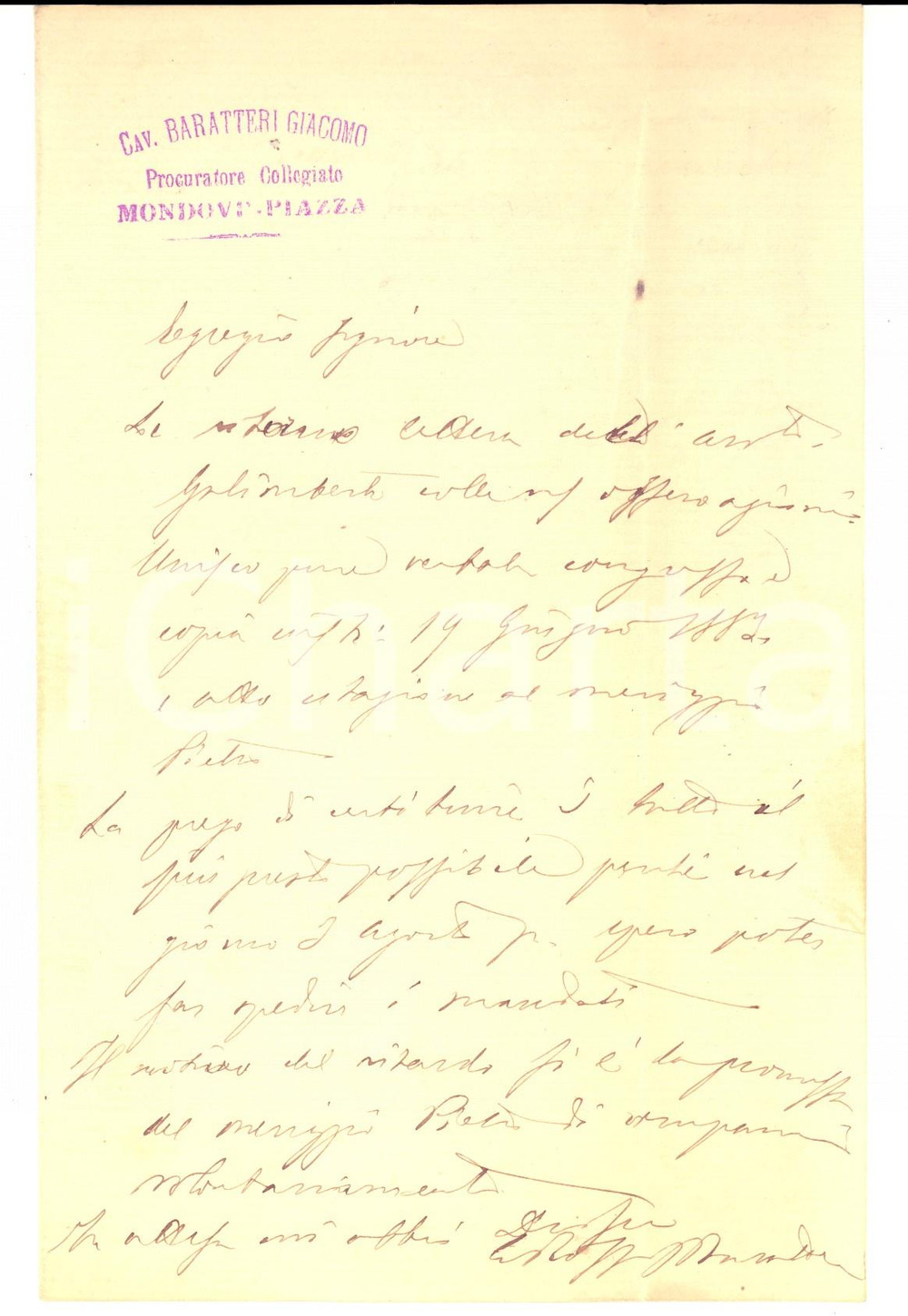 Manoscritto, lettera originale 1882 MONDOVI  PIAZZA CN Lettera Giacomo BARATTIERI procuratore collegiato 1