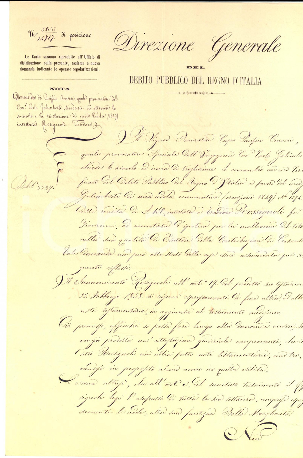 1858 CRESCENTINO (VC) Carlo GALIMBERTI chiede lo svincolo di una cedola
