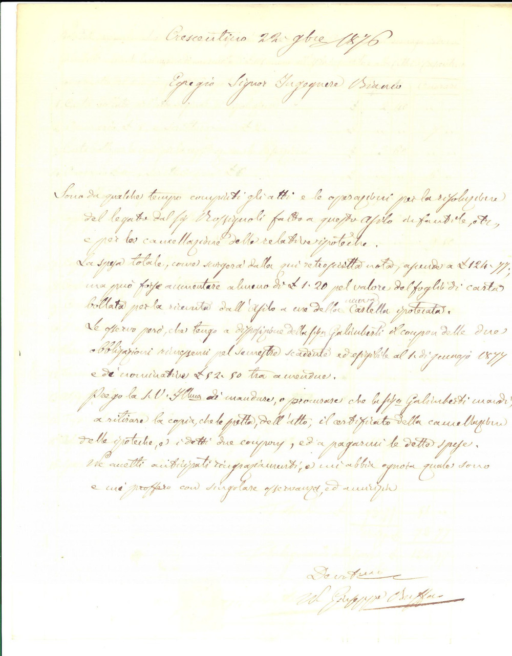 Documento originale, autentico 1876 CRESCENTINO Spese nobile Teresa BERNAGO per risoluzione legato ROSSIGNOLI 1