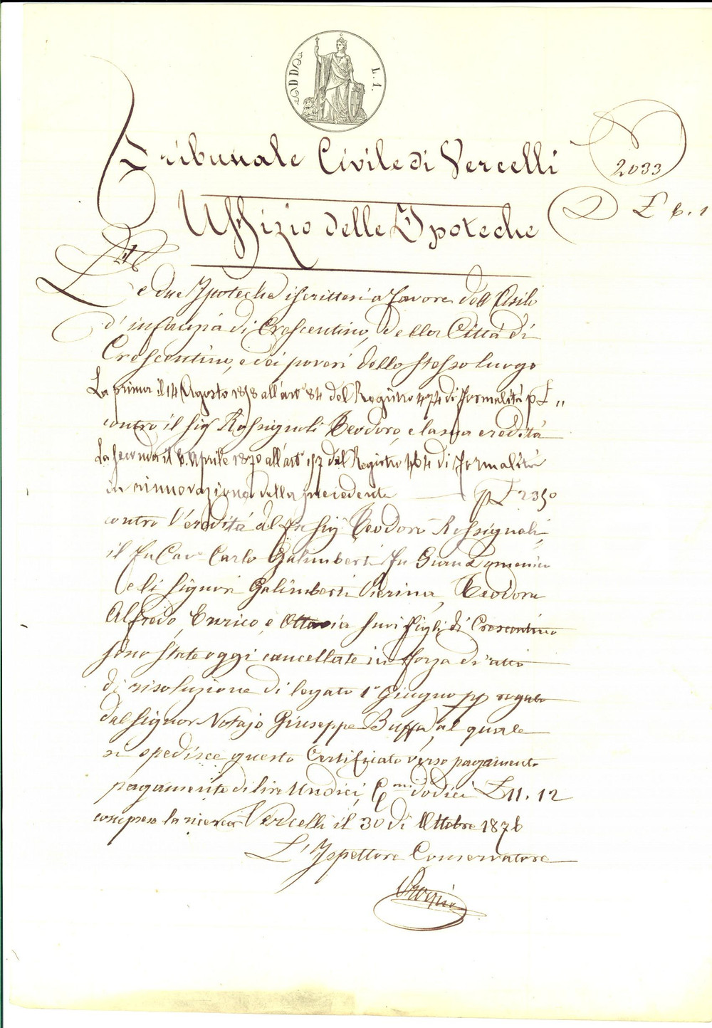 Documento originale, autentico 1876 CRESCENTINO VC Risoluzione legato Teodoro ROSSIGNOLI per asilo infantile 1