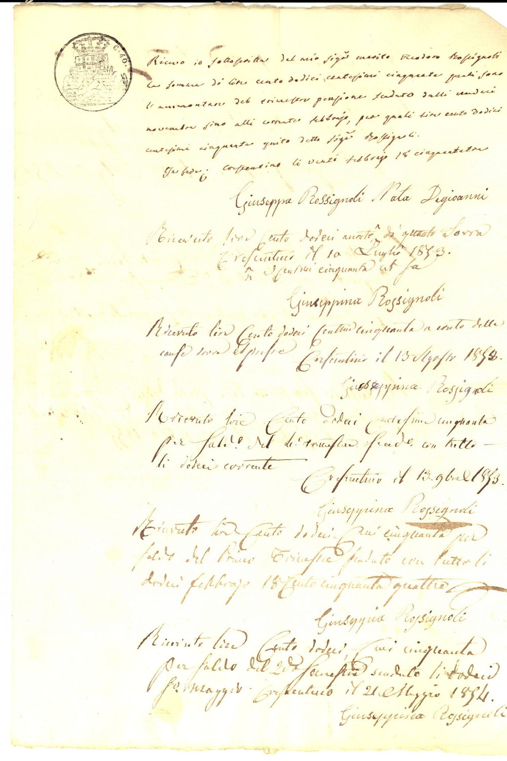 Documento originale, autentico 1853 CRESCENTINO VC Somme ricevute da Giuseppa ROSSIGNOLI nata DEGIOANNI 1