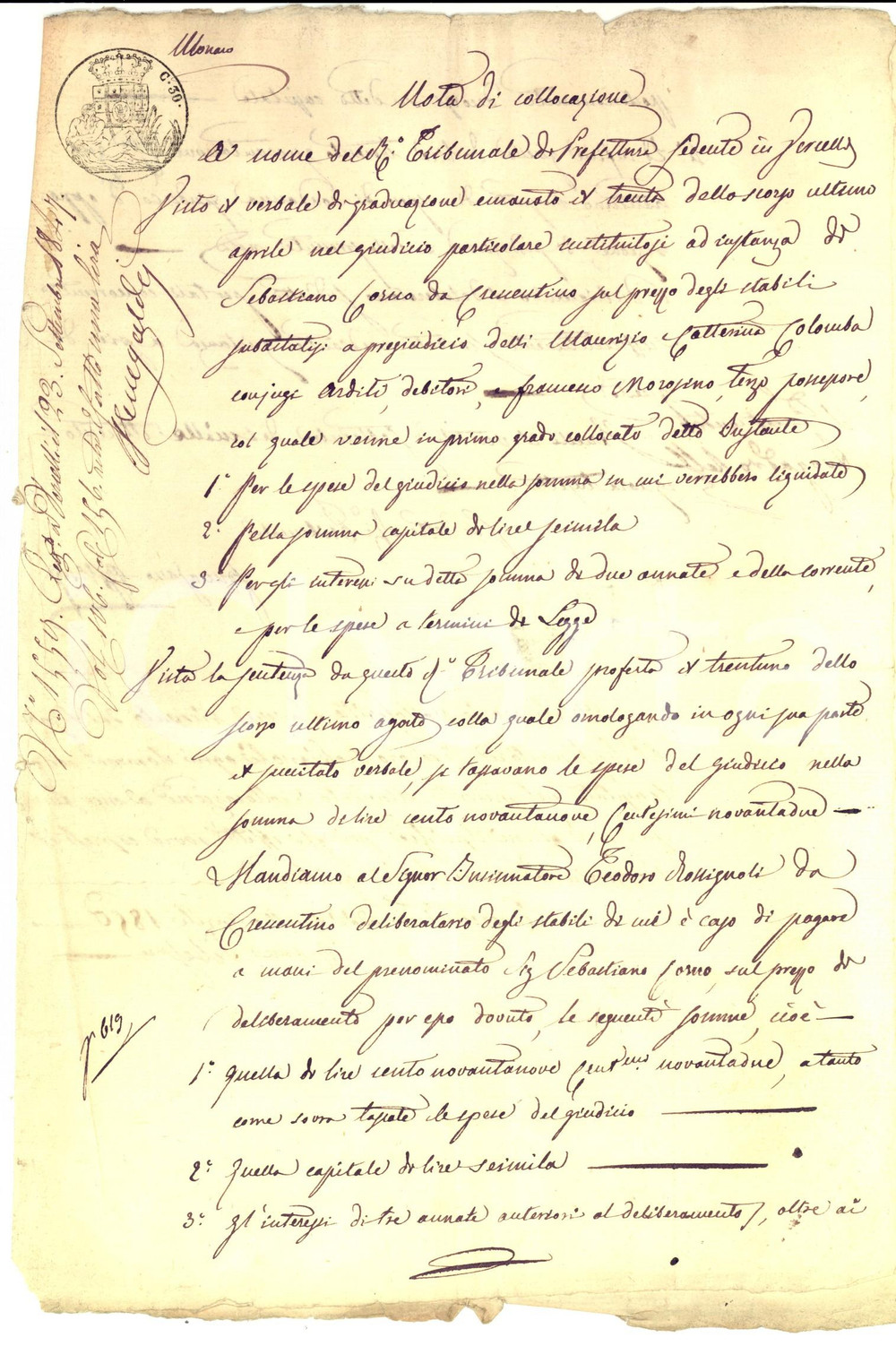 Documento originale, autentico 1850 CRESCENTINO Sebastiano CORNO ottiene in subasta immobili Maurizio ARDITI 1
