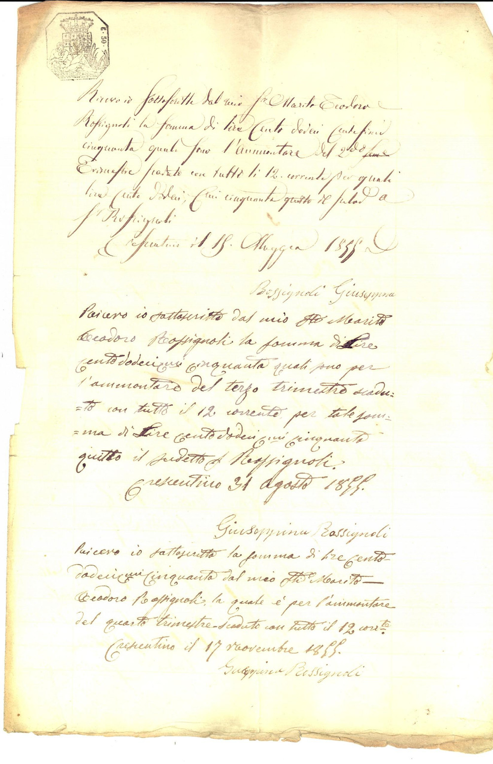 Documento originale, autentico 1855 CRESCENTINO VC Somme ricevute da Giuseppa ROSSIGNOLI  e Carlo DEGIOANNI 1