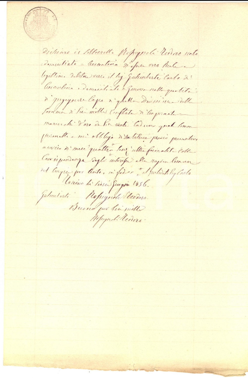 Documento originale, autentico 1856 TORINO Debito di Teodoro ROSSIGNOLI verso Carlo GALIMBERTI Manoscritto 1