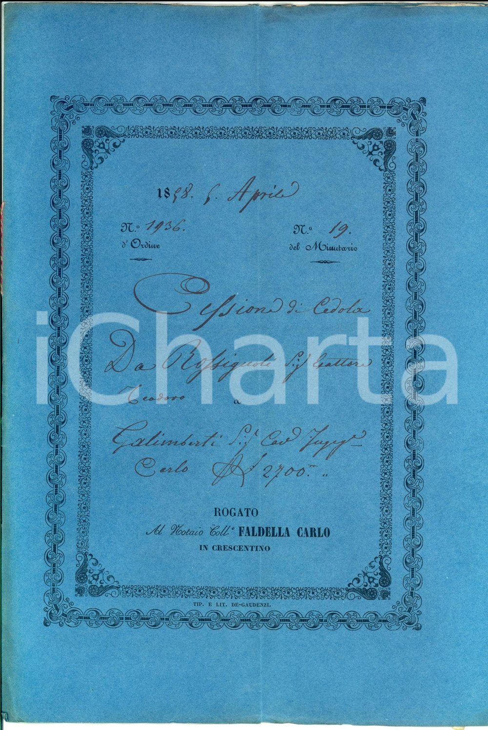 Documento originale, autentico 1858 CRESCENTINO VC Cessione cedola da Teodoro ROSSIGNOLI a Carlo GALIMBERTI 1