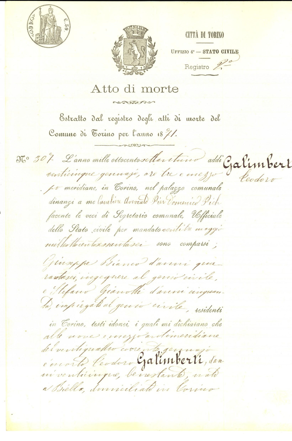 Documento originale, autentico 1871 TORINO Atto di morte di Teodoro GALIMBERTI benestante di anni 25 Documento 1