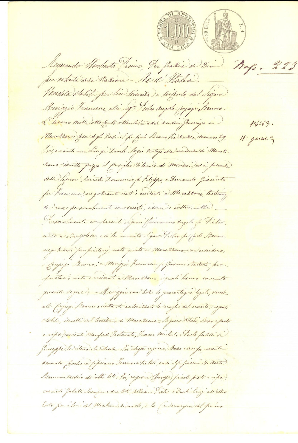 Documento originale, autentico 1883 MURAZZANO CN Francesco MERIGGIO vende stabili rurali a Pietro BRUNO 1