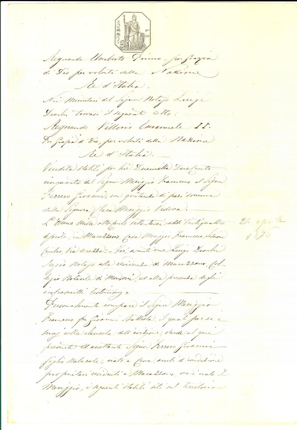 Documento originale, autentico 1883 MURAZZANO CN Francesco MERIGGIO vende bosco e prato al figlio naturale 1