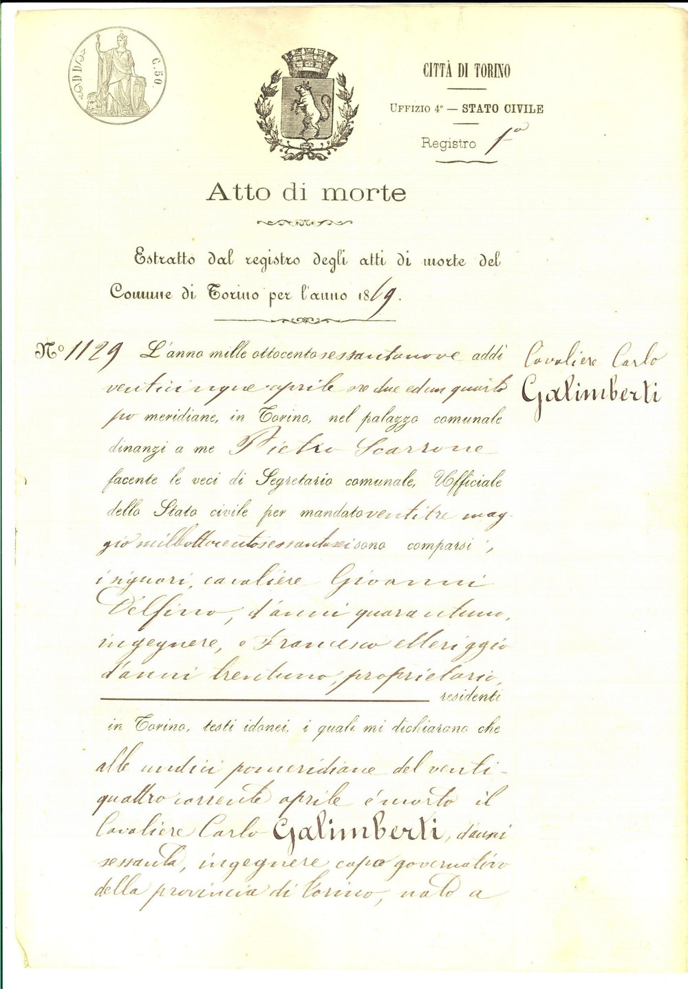 Documento originale, autentico 1869 TORINO Atto di morte del cav. Carlo GALIMBERTI ingegnere capo governativo 1
