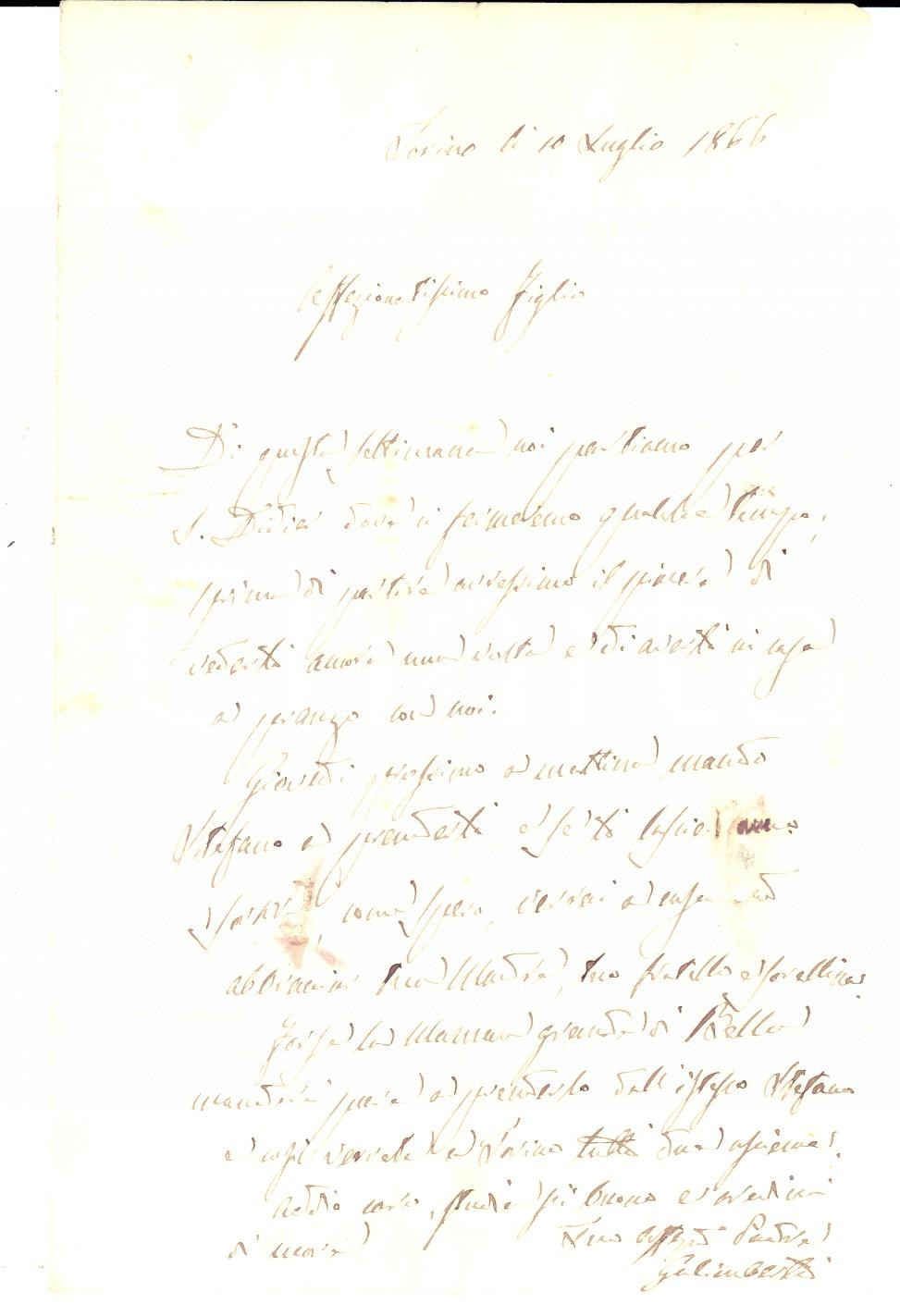 Manoscritto, lettera originale 1866 TORINO Carlo GALIMBERTI attende a pranzo il figlio studente Lettera 1