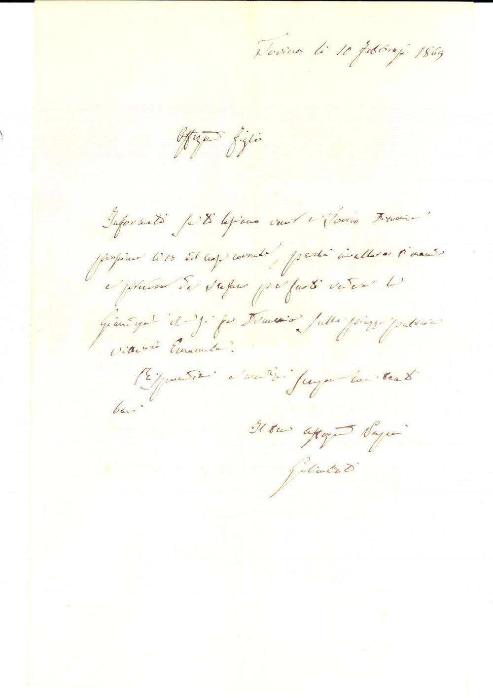 Manoscritto, lettera originale 1869 TORINO Giandujata pubblica in piazza Vittorio Ing. Carlo GALIMBERTI 1