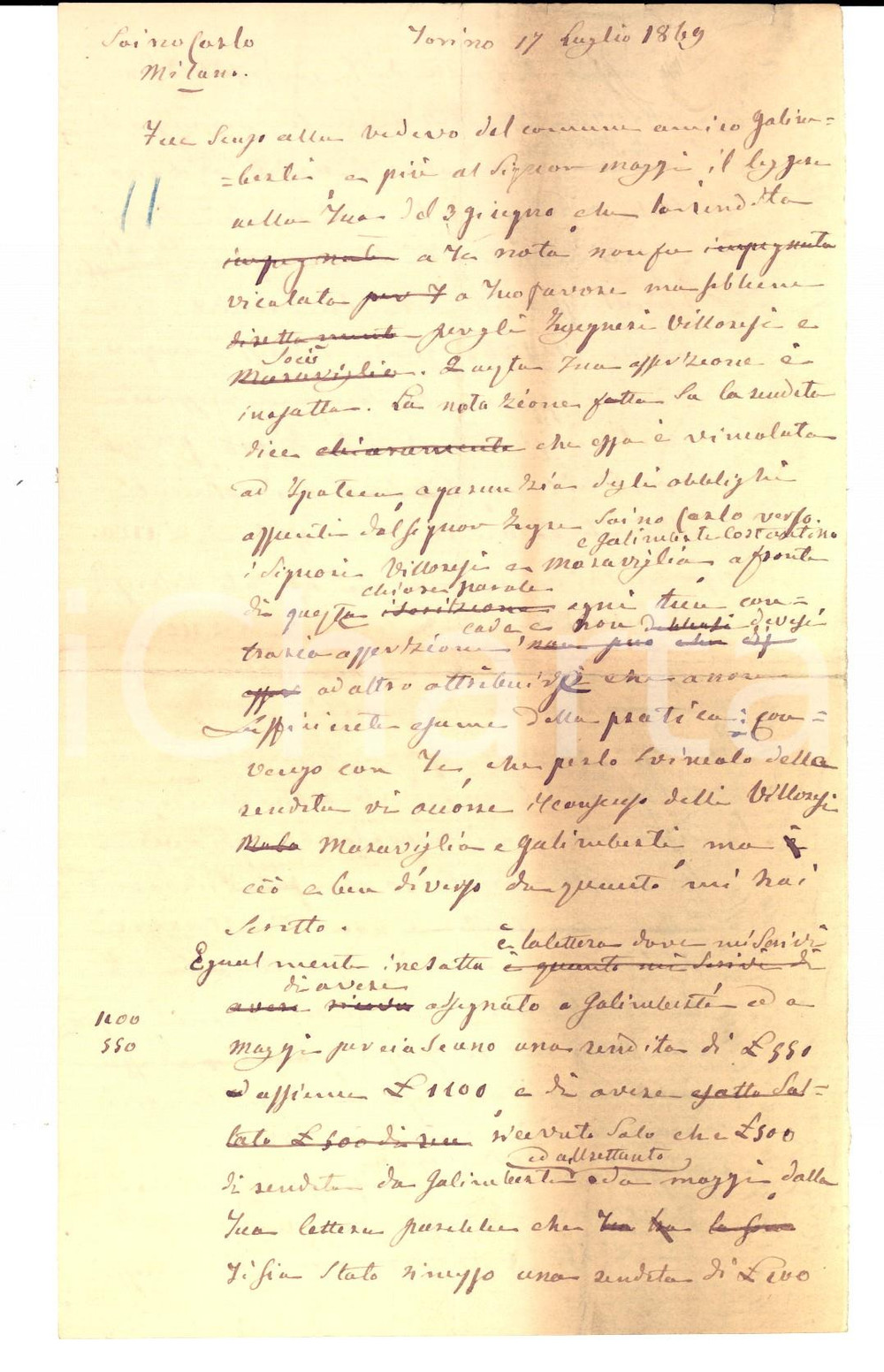 Manoscritto, lettera originale 1869 TORINO Oscure questioni societarie per la costruzione del CANALE VILLORESI 1