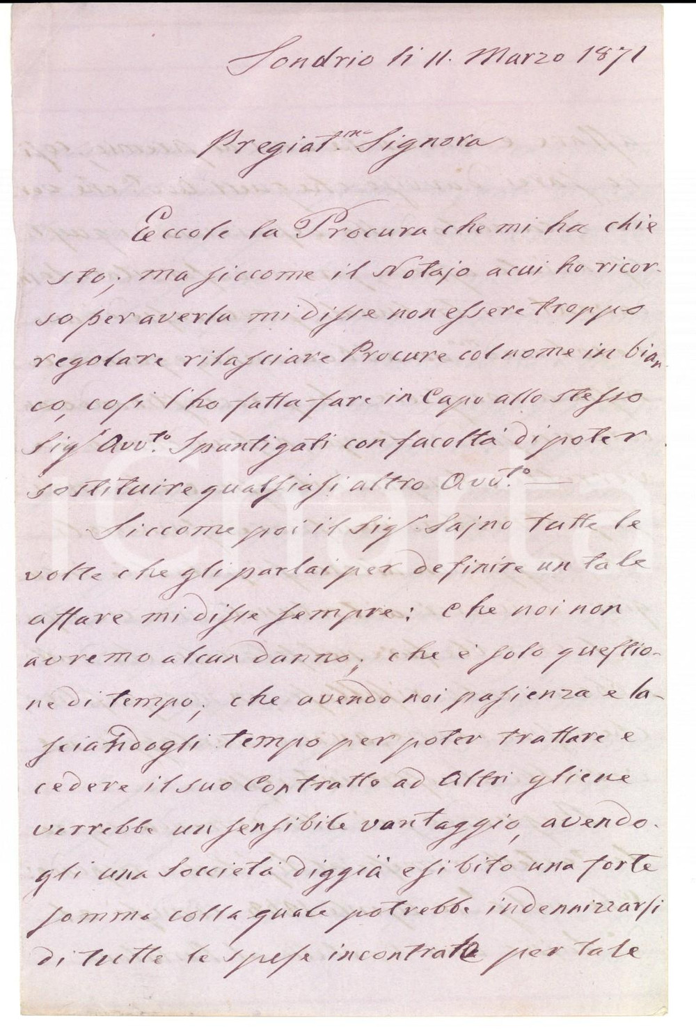 1871 SONDRIO Ing. Tomaso MAGGI sulla cessione della società per canale VILLORESI