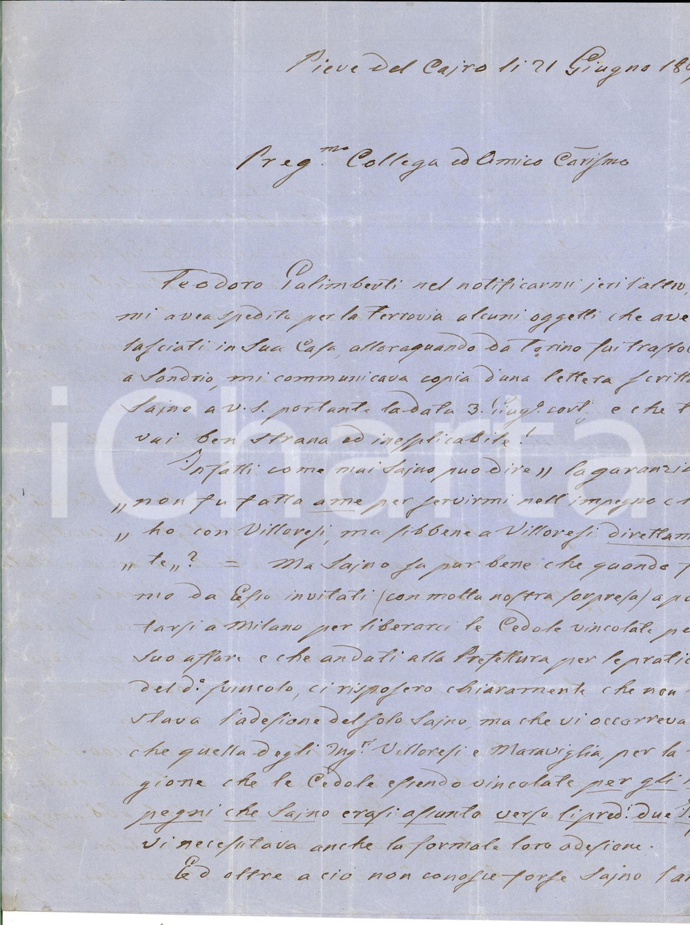 Manoscritto, lettera originale 1869 PIEVE DEL CAIRO PV Ing. Tomaso MAGGI in disaccordo con socio Carlo SAJNO 1