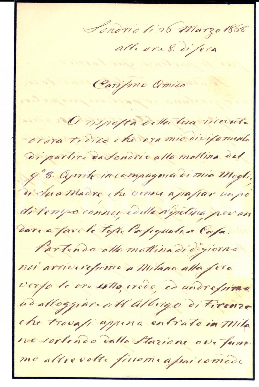 Manoscritto, lettera originale 1868 SONDRIO Ing. Tomaso MAGGI versa quota societaria per canale VILLORESI 1