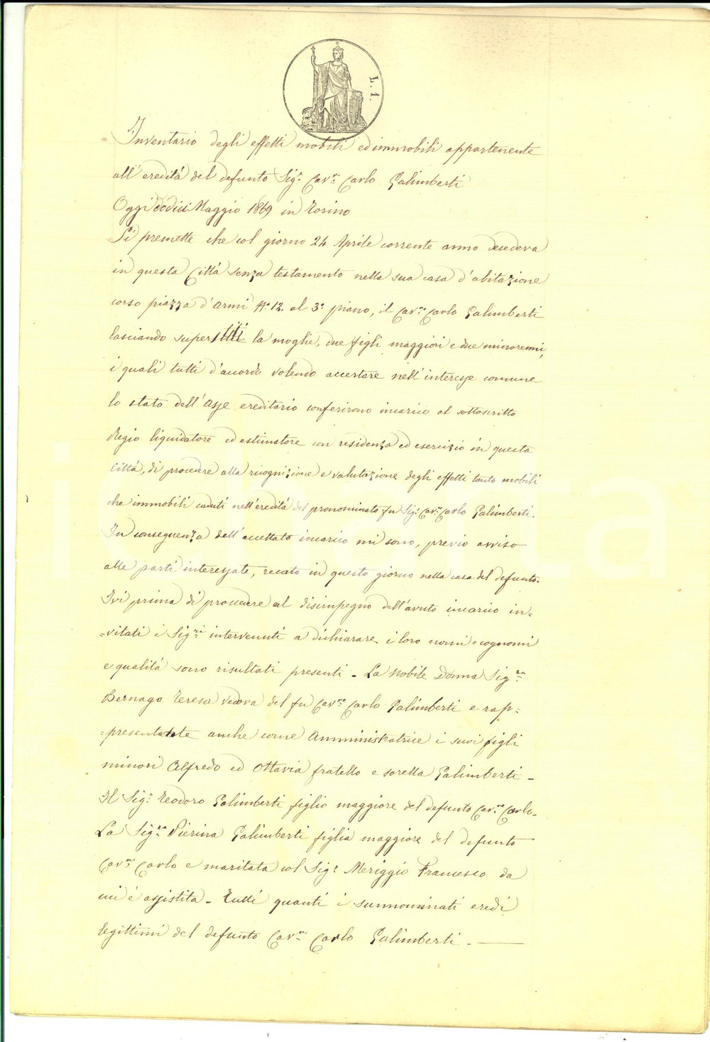 Documento originale, autentico 1869 TORINO Inventario beni mobili e immobili del fu Carlo GALIMBERTI 16 pp. 1
