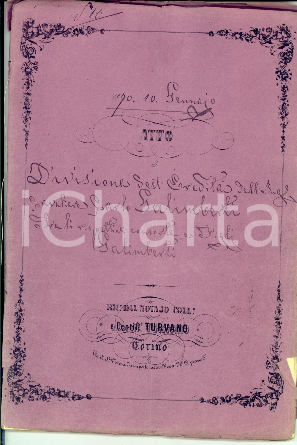 Documento originale, autentico 1870 TORINO Divisione ereditaria beni del defunto Carlo GALIMBERTI 68 pp. 1