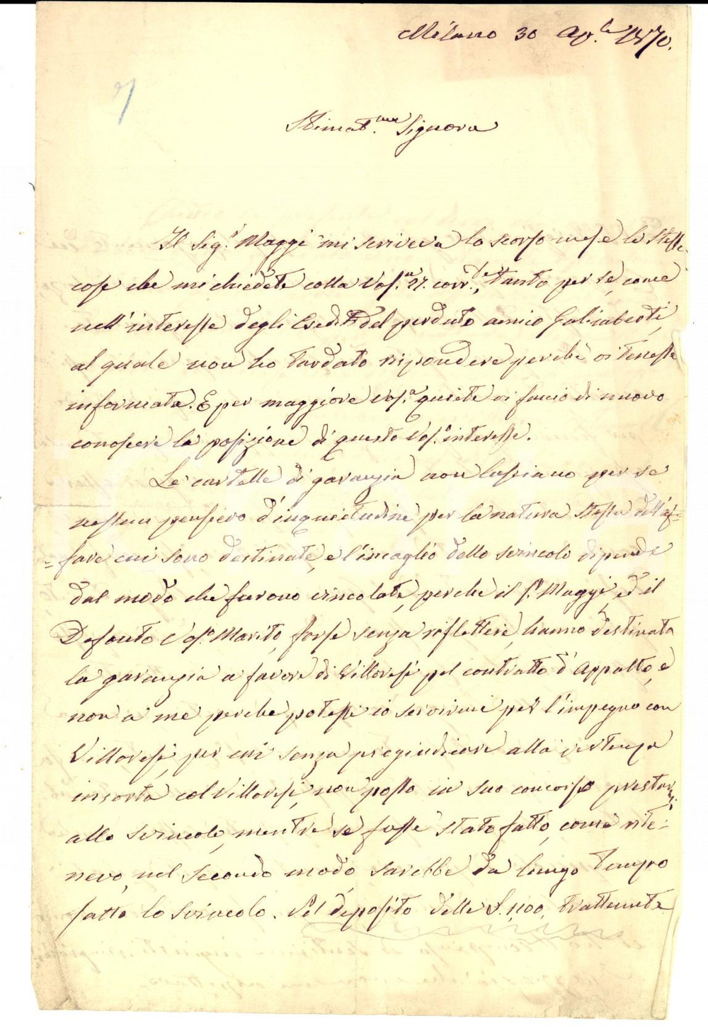 Manoscritto, lettera originale 1870 MILANO Carlo SAJNO alla vedova GALIMBERTI per garanzie canale VILLORESI 1