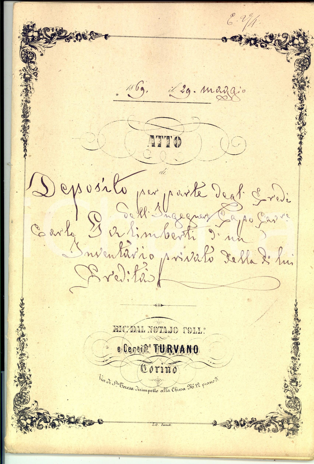 Documento originale, autentico 1869 TORINO Inventario beni nella casa del defunto Carlo GALIMBERTI 58 pp. 1