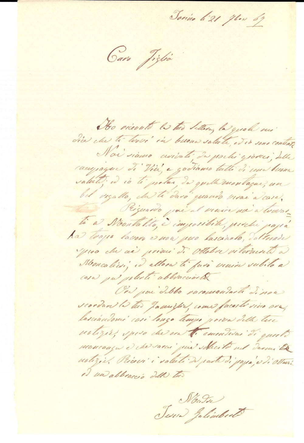 Manoscritto, lettera originale 1867 TORINO Teresa BERNAGO GALIMBERTI porta un bel regalo al figlio Alfredo 1