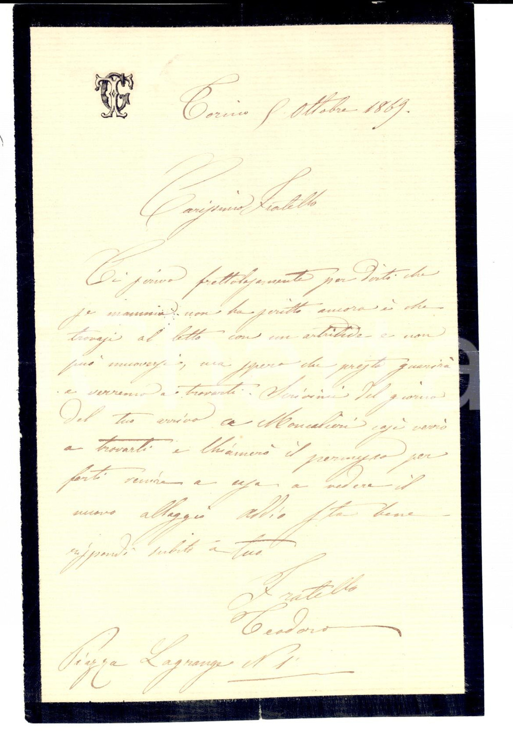 Manoscritto, lettera originale 1869 TORINO Mamma Ã¨ bloccata a letto dall artite Lettera Teodoro GALIMBERTI 1