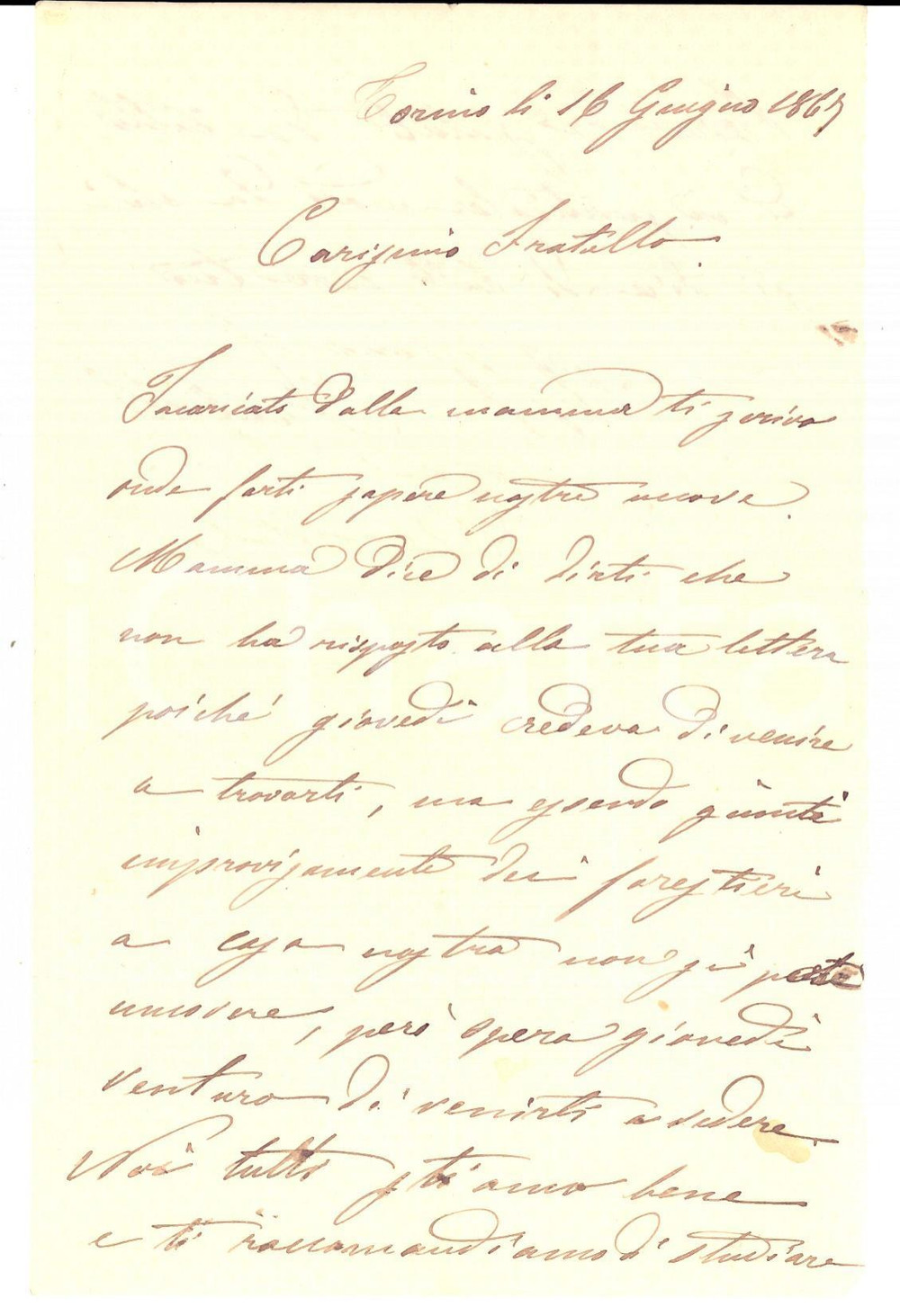 Manoscritto, lettera originale 1867 TORINO Forestieri improvvisi a casa nostra Lettera Teodoro GALIMBERTI 1