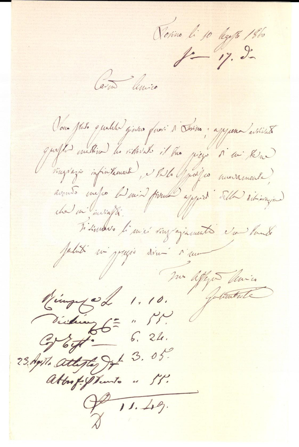 Manoscritto, lettera originale 1860 TORINO Ing. Carlo GALIMBERTI ringrazia il collega Carlo SAJNO Lettera 1
