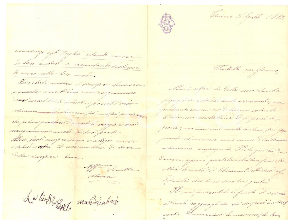 Manoscritto, lettera originale 1882 TORINO Ottavia GALIMBERTI e la tappezzeria per la stanza del fratello 1